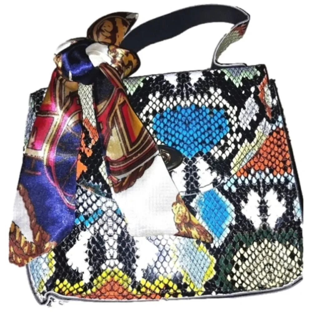 Women's Mini Snakeskin Embossed Handbag, Twilly Scarf Decor Flap Square Purse